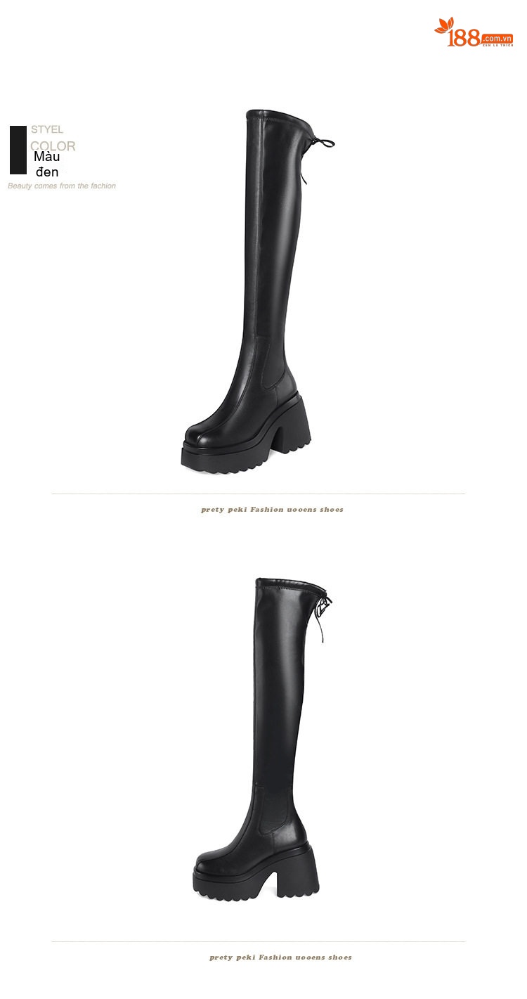 Boot Nữ Da Bóng Dáng Ôm Chân Cổ Cao Gót Trụ Chiều Cao Đế 10cm Màu Đen chi tiết 7