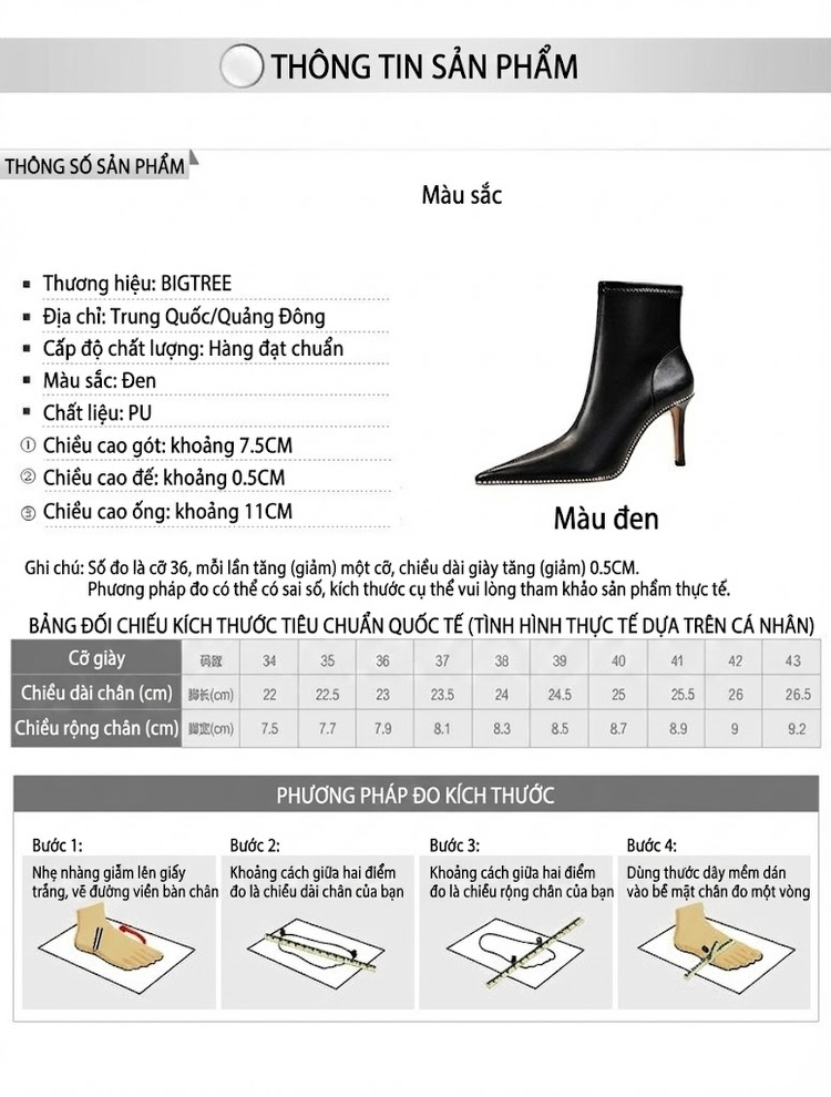 Boot Nữ Da Bóng Gót Nhọn Chiều Cao Đế Khoảng 7cm Đính Đá Màu Đen chi tiết 1