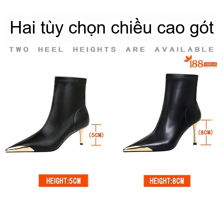 Boot Nữ Da Bóng Gót Nhọn Chiều Cao Đế Khoảng 8cm Mũi Kim Loại Màu Đen, Nâu chi tiết 2
