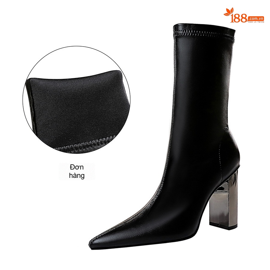 Boot Nữ Da Bóng Gót Vuông Kim Loại Mũi Nhọn Chiều Cao Đế Khoảng 8cm Màu Đen, Nâu