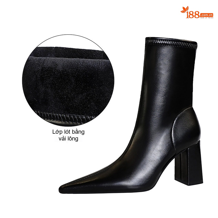 Boot Nữ Da Bóng Gót Vuông Mũi Nhọn Thời Trang Chiều Cao Đế Khoảng 7cm Màu Đen