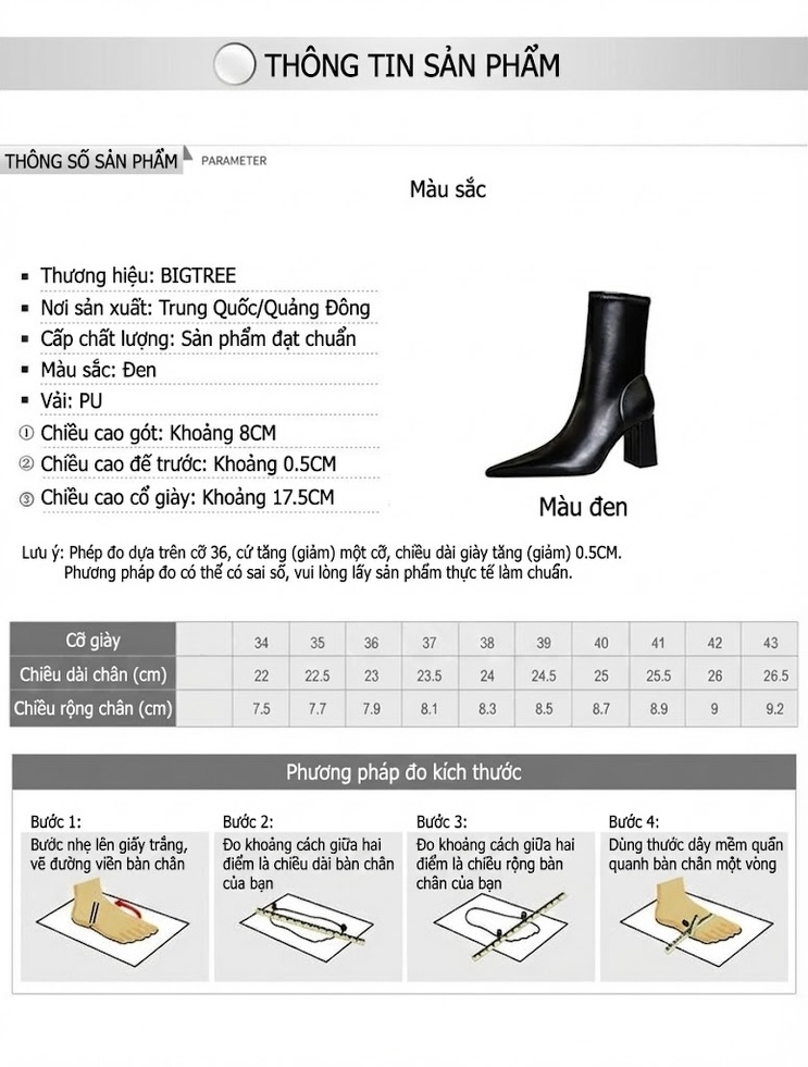Boot Nữ Da Bóng Gót Vuông Mũi Nhọn Thời Trang Chiều Cao Đế Khoảng 7cm Màu Đen chi tiết 1