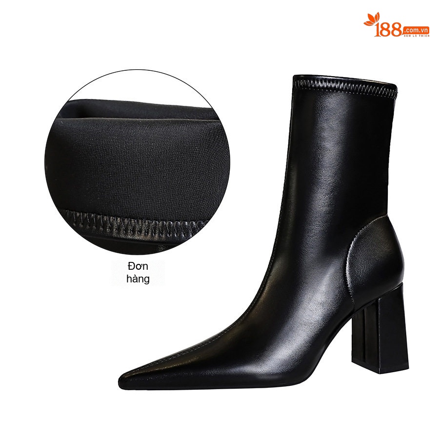 Boot Nữ Da Bóng Gót Vuông Mũi Nhọn Thời Trang Chiều Cao Đế Khoảng 7cm Màu Đen