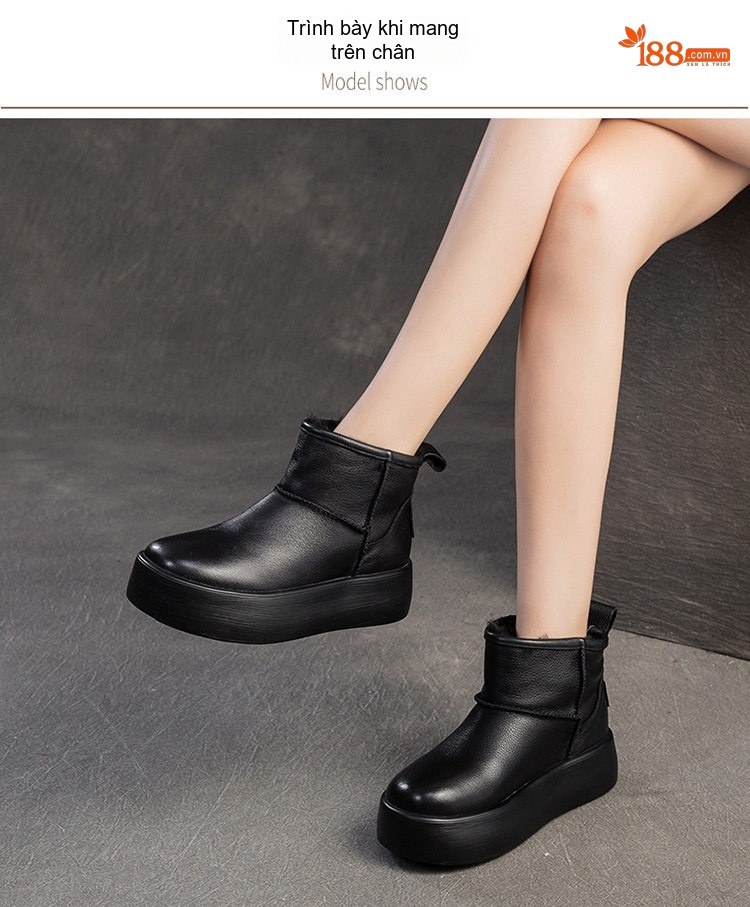 Boot Nữ Da Bóng Lót Lông Chiều Cao Đế Khoảng 5cm Màu Đen, Kem chi tiết 7