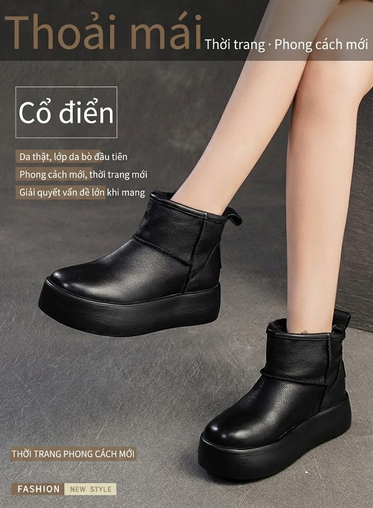 Boot Nữ Da Bóng Lót Lông Chiều Cao Đế Khoảng 5cm Màu Đen, Kem chi tiết 1