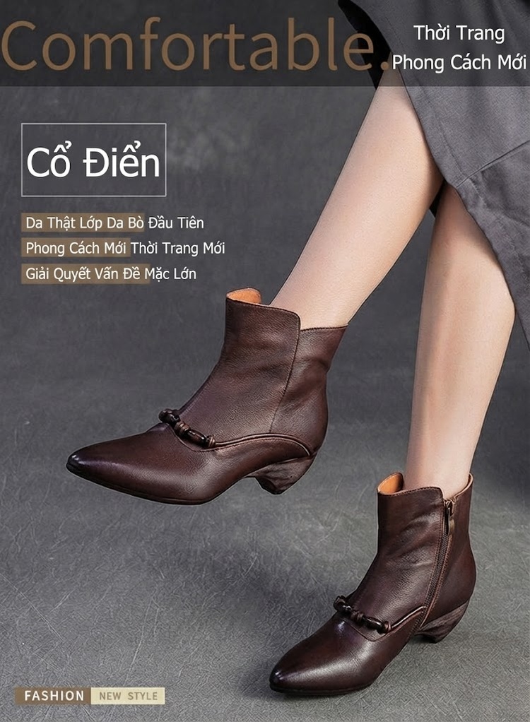 Boot Nữ Da Bóng Mũi Nhọn Chiều Cao Đế Khoảng 5cm Màu Nâu, Xám chi tiết 1