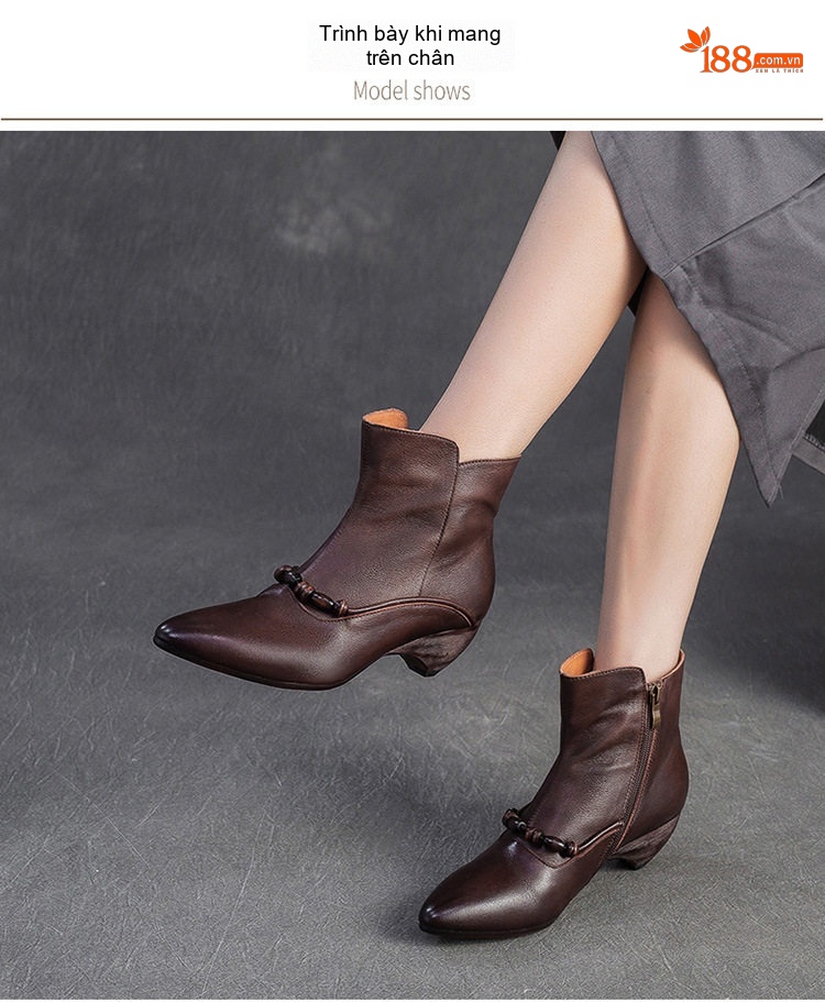 Boot Nữ Da Bóng Mũi Nhọn Chiều Cao Đế Khoảng 5cm Màu Nâu, Xám chi tiết 6