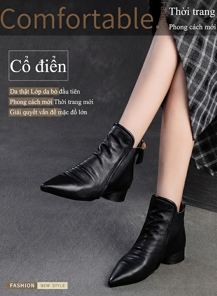 Boot Nữ Da Bóng Mũi Nhọn Khóa Kéo Sau Gót Vuông Chiều Cao Đế Khoảng 3cm Màu Đen, Nâu chi tiết 2