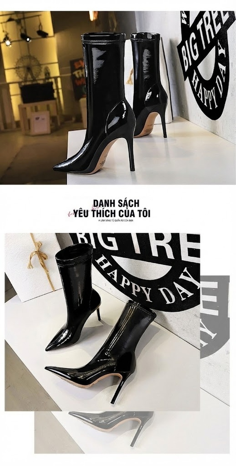 Boot Nữ Da Bóng Ôm Chân Gót Nhọn Chiều Cao Đế Khoảng 7cm Màu Đen chi tiết 9