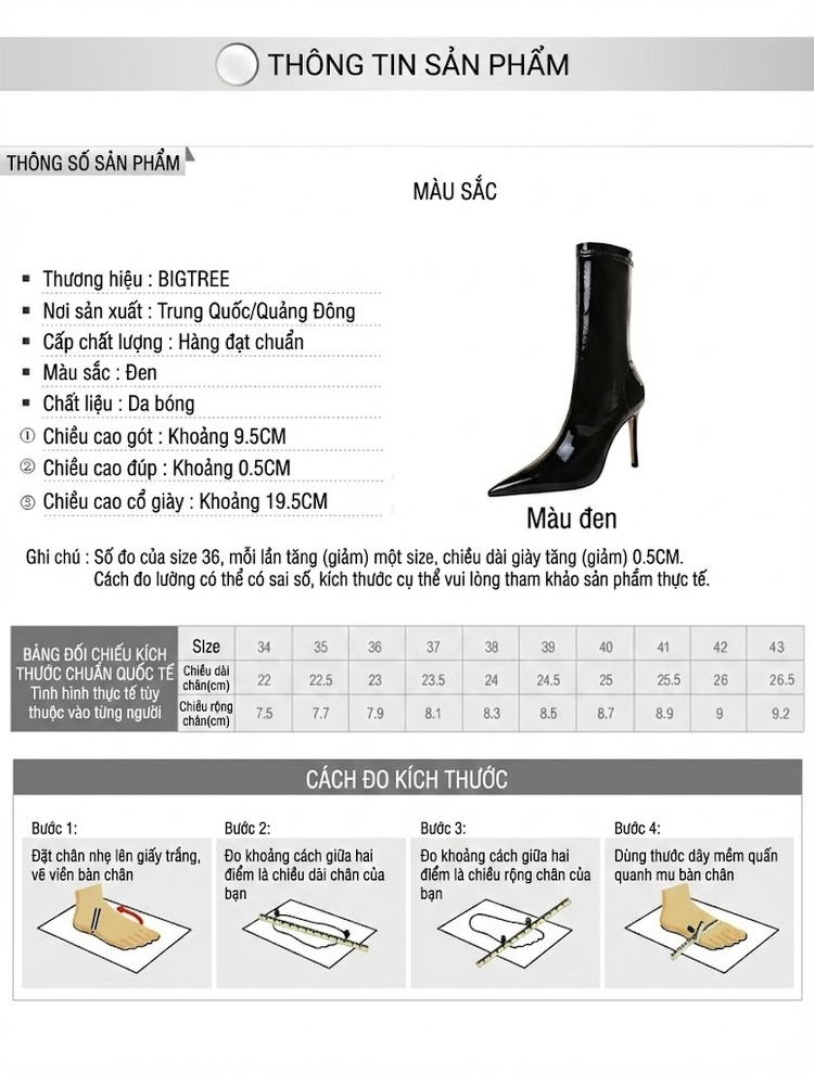 Boot Nữ Da Bóng Ôm Chân Gót Nhọn Chiều Cao Đế Khoảng 7cm Màu Đen chi tiết 1
