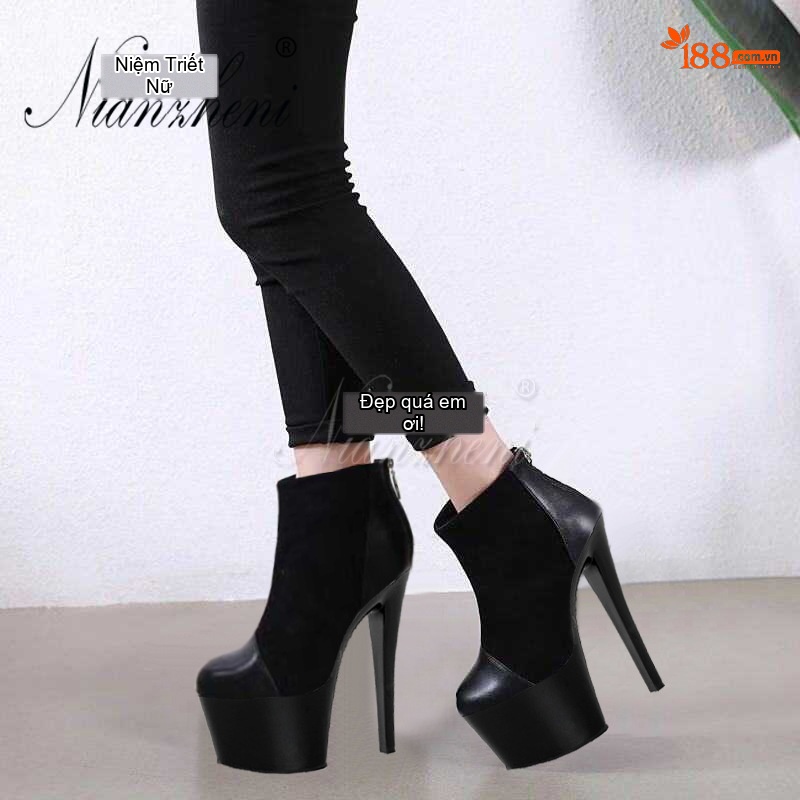 Boot Nữ Da Bóng Phối Nỉ Cao Gót 17cm Phong Cách Âu Mỹ Màu Đen