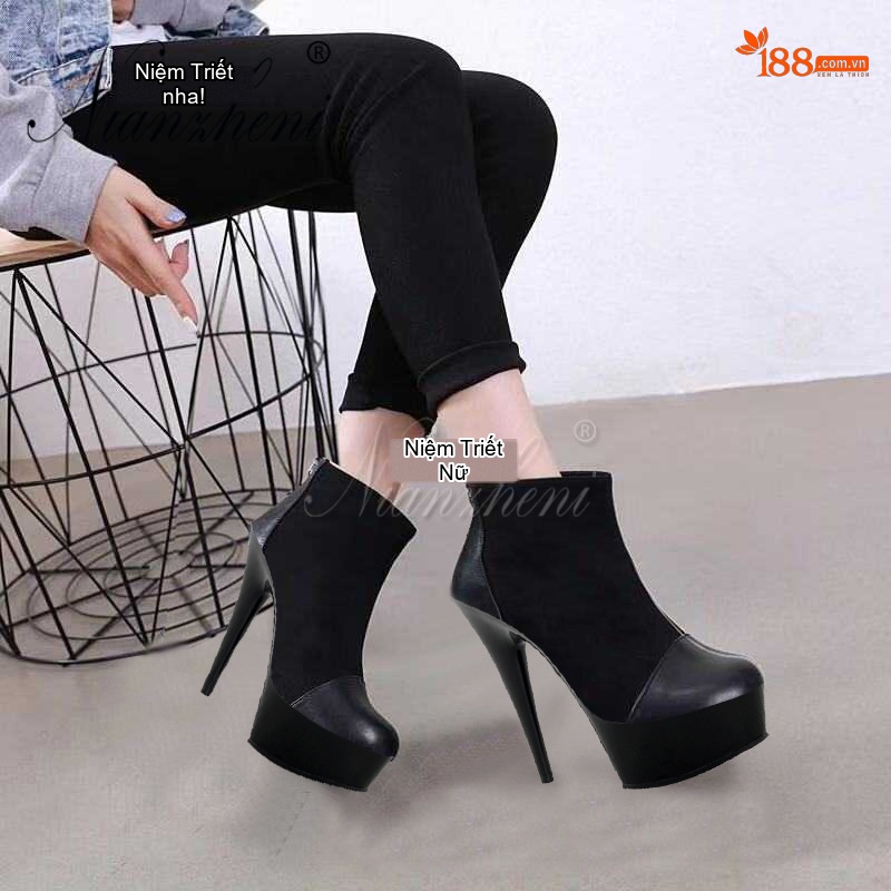 Boot Nữ Da Bóng Phối Nỉ Cao Gót 17cm Phong Cách Âu Mỹ Màu Đen chi tiết 4