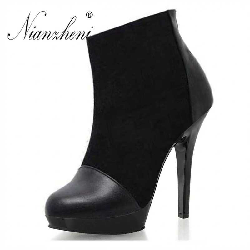 Boot Nữ Da Bóng Phối Nỉ Cao Gót 17cm Phong Cách Âu Mỹ Màu Đen