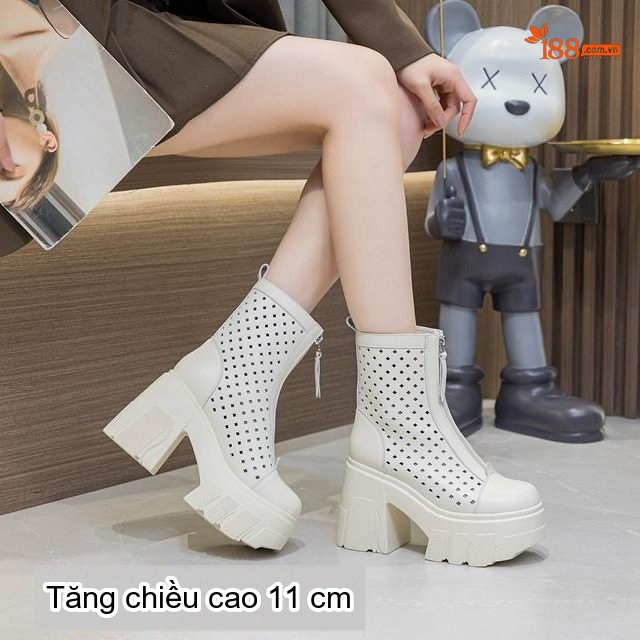 Boot Nữ Da Đục Lỗ Gót Vuông Chiều Cao Đế 11cm Màu Đen, Kem