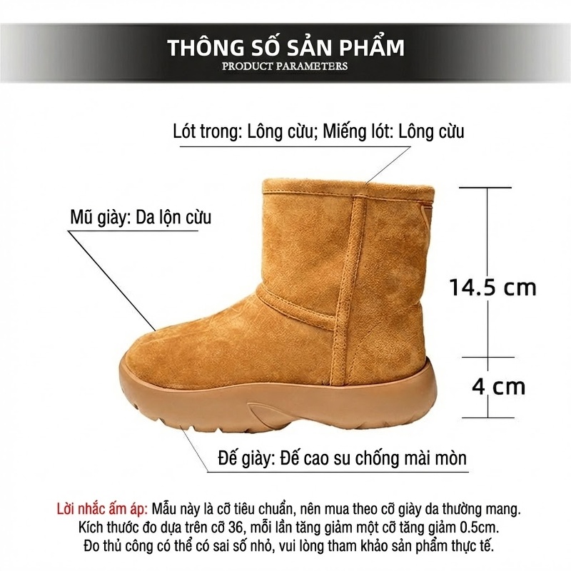 Boot Nữ Da Lộn Cừu Lót Lông Cừu Non Chiều Cao Đế 4cm Màu Nâu, Đen