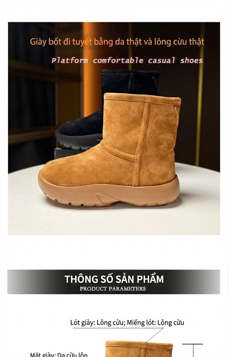 Boot Nữ Da Lộn Cừu Lót Lông Cừu Non Chiều Cao Đế 4cm Màu Nâu, Đen chi tiết 1