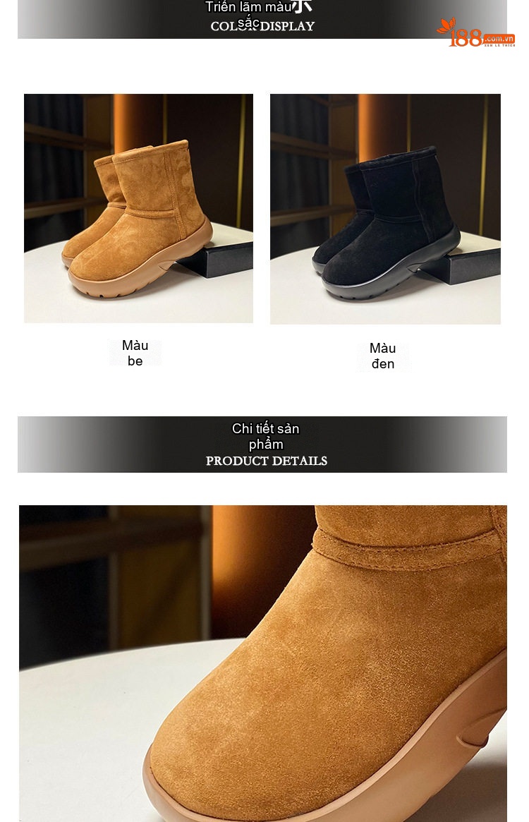 Boot Nữ Da Lộn Cừu Lót Lông Cừu Non Chiều Cao Đế 4cm Màu Nâu, Đen chi tiết 2