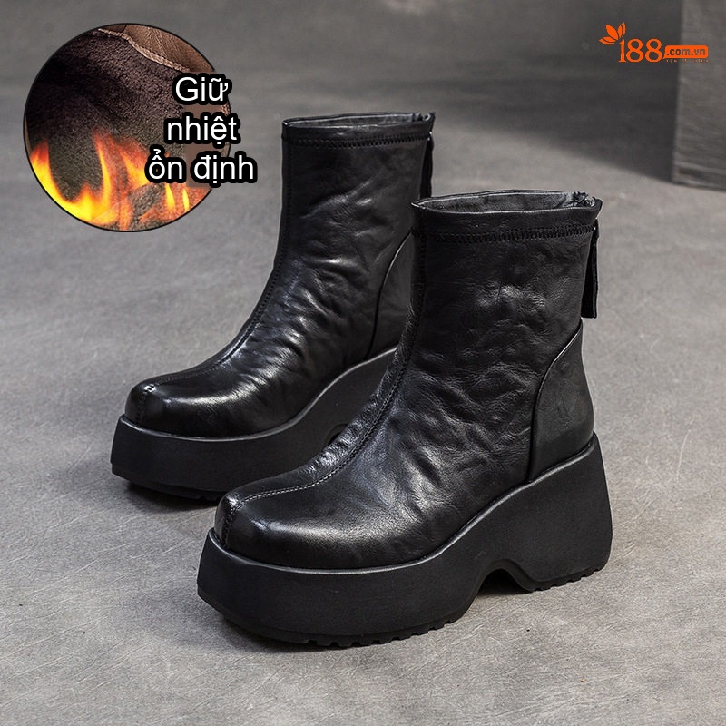 Boot Nữ Da Mềm Chiều Cao Đế Khoảng 6cm Kiểu Chelsea Màu Đen, Nâu
