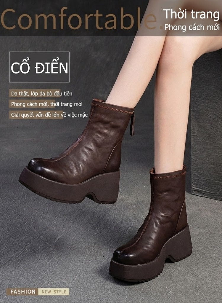 Boot Nữ Da Mềm Chiều Cao Đế Khoảng 6cm Kiểu Chelsea Màu Đen, Nâu chi tiết 1