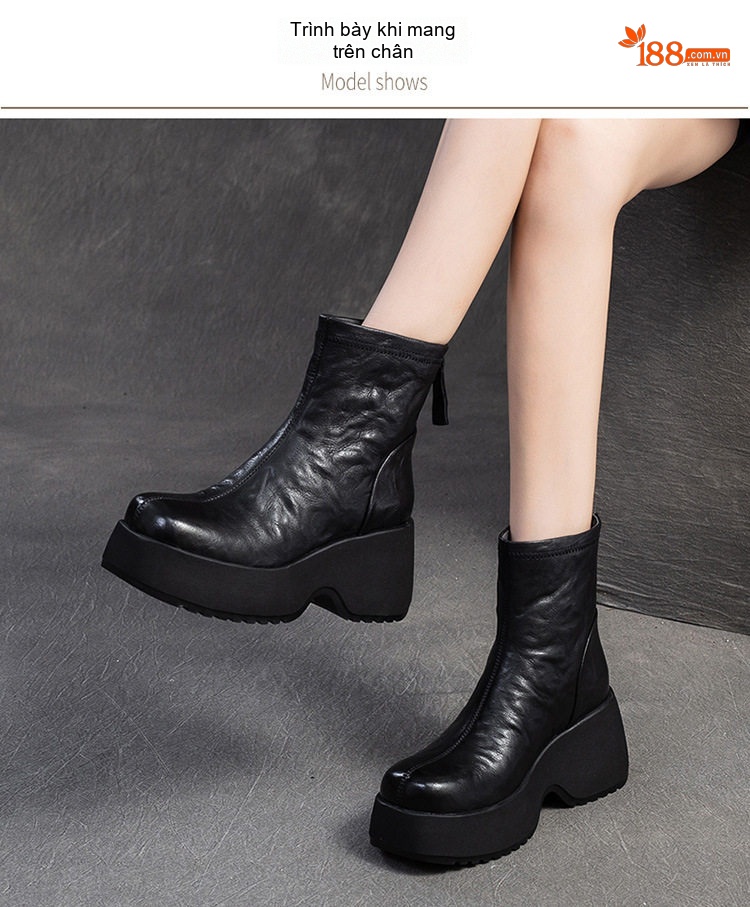 Boot Nữ Da Mềm Chiều Cao Đế Khoảng 6cm Kiểu Chelsea Màu Đen, Nâu chi tiết 8