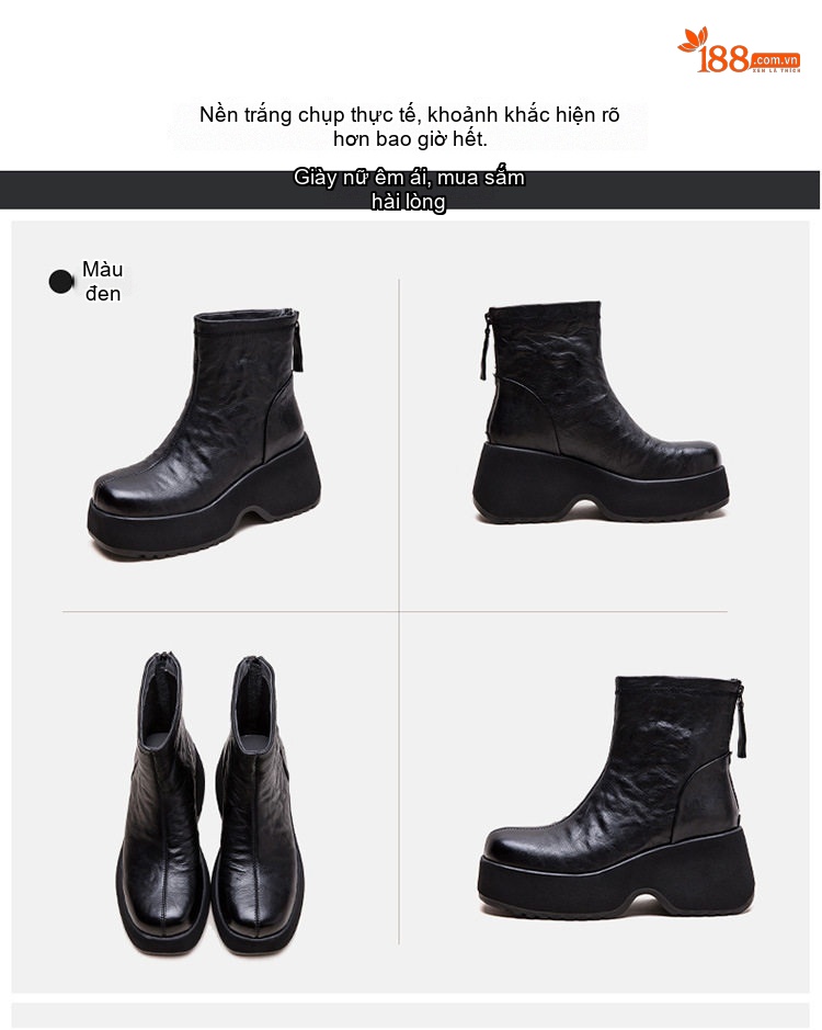 Boot Nữ Da Mềm Chiều Cao Đế Khoảng 6cm Kiểu Chelsea Màu Đen, Nâu chi tiết 17