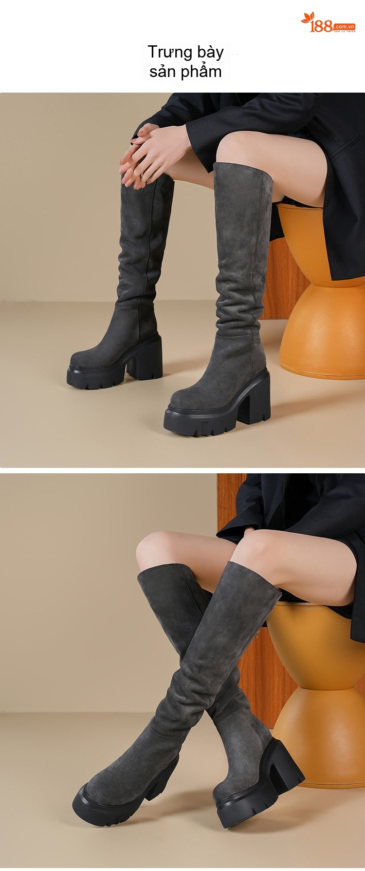 Boot Nữ Da Mờ Cao Cổ Chiều Cao Đế Khoảng 12cm Màu Xám chi tiết 1