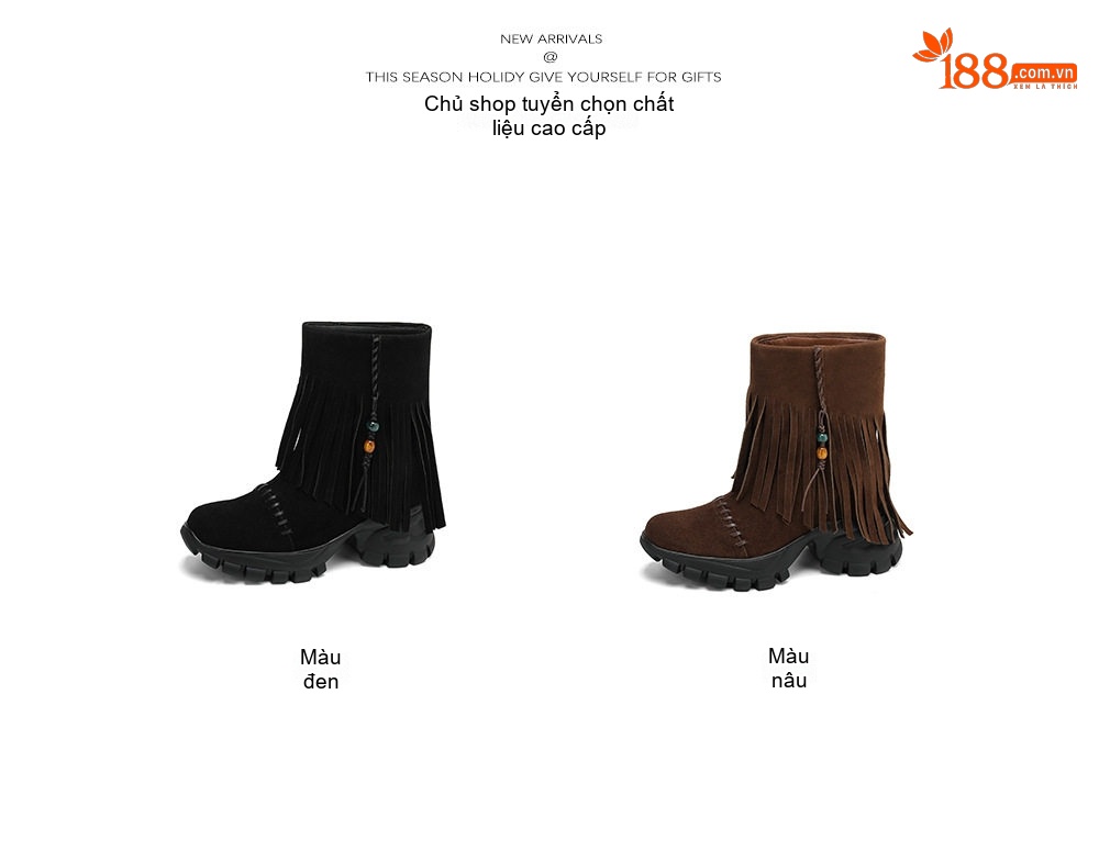Boot Nữ Da Mờ Cổ Lỡ Chiều Cao Đế Khoảng 5cm Màu Nâu, Đen Tua Rua chi tiết 2