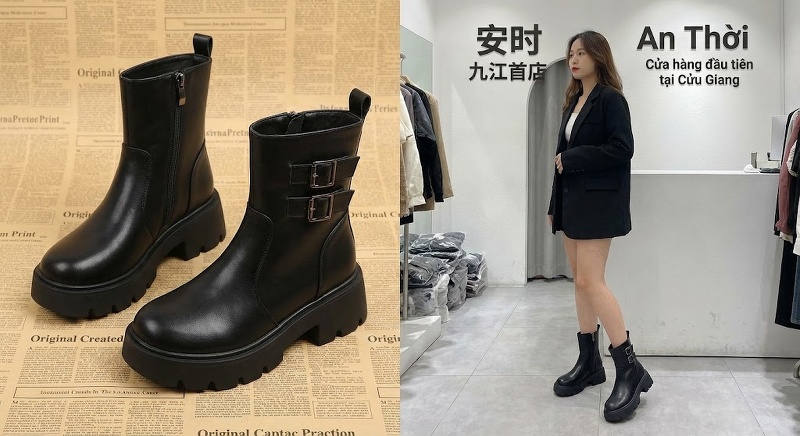 Boot Nữ Da Mờ Cổ Ngắn Chiều Cao Đế 7.5cm Màu Đen