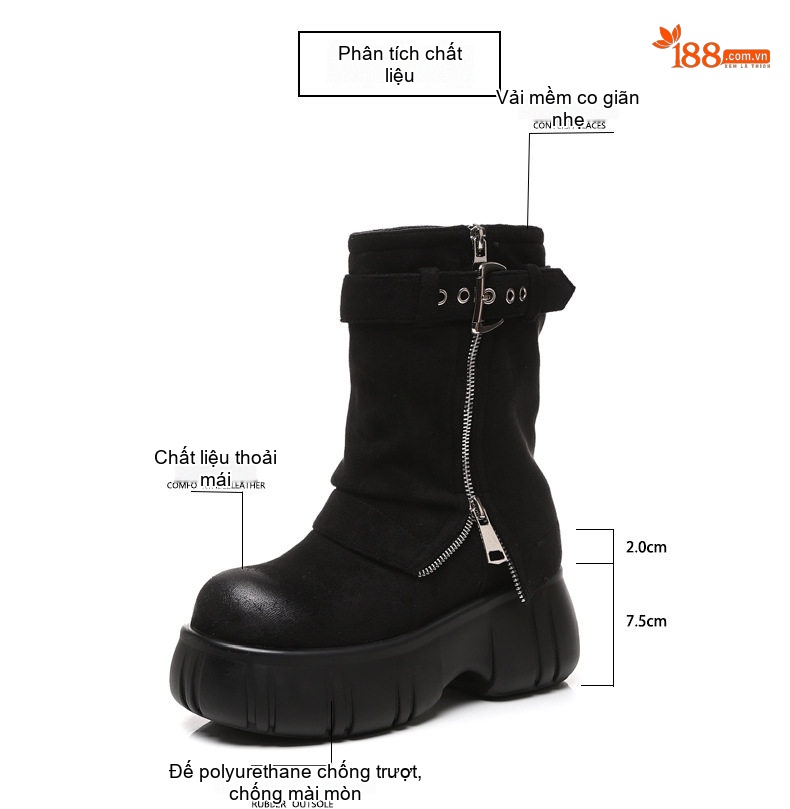 Boot Nữ Da Mờ Cổ Ngắn Chiều Cao Đế 7.5cm Màu Đen chi tiết 2