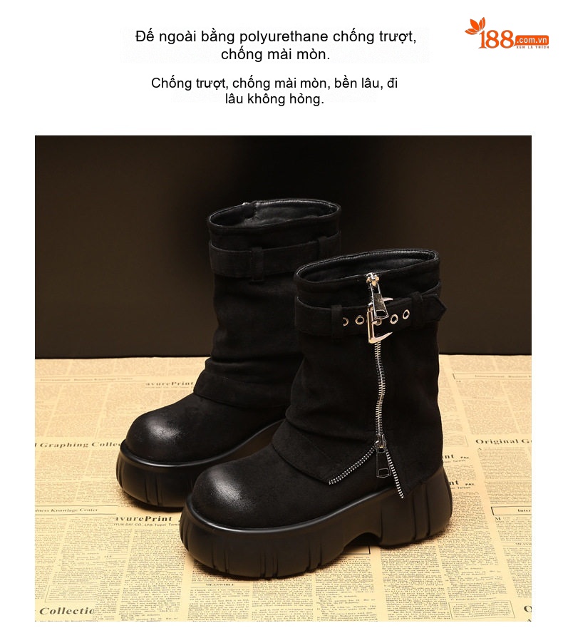 Boot Nữ Da Mờ Cổ Ngắn Chiều Cao Đế 7.5cm Màu Đen chi tiết 7
