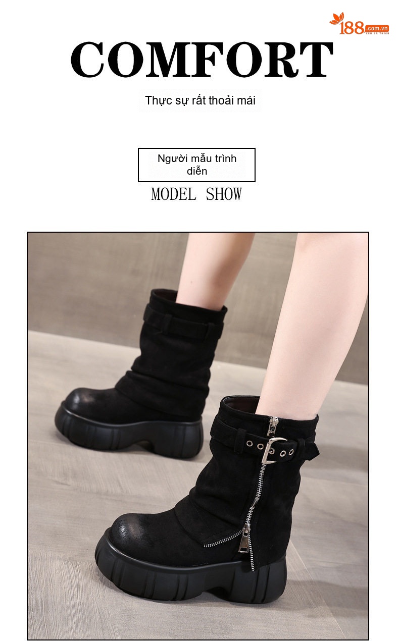 Boot Nữ Da Mờ Cổ Ngắn Chiều Cao Đế 7.5cm Màu Đen chi tiết 8