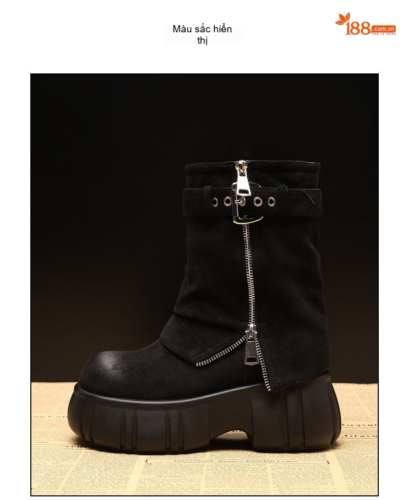 Boot Nữ Da Mờ Cổ Ngắn Chiều Cao Đế 7.5cm Màu Đen chi tiết 11