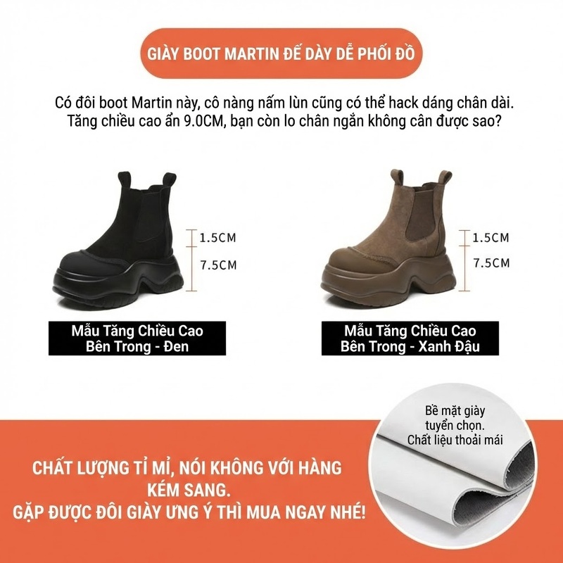 Boot Nữ Da Mờ Đế Dày Chiều Cao Đế Khoảng 7.5cm Màu Đen, Nâu