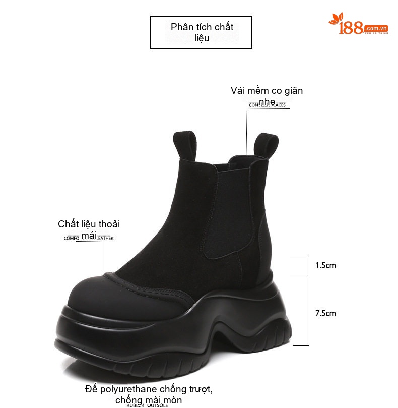 Boot Nữ Da Mờ Đế Dày Chiều Cao Đế Khoảng 7.5cm Màu Đen, Nâu chi tiết 3