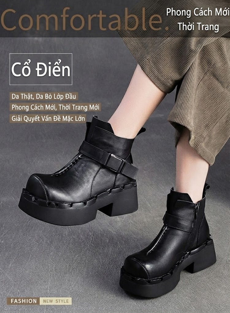 Boot Nữ Da Mờ Khóa Một Bên Chiều Cao Đế Khoảng 5cm Màu Đen, Nâu chi tiết 2