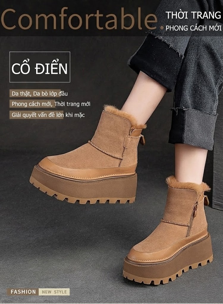 Boot Nữ Da Mờ Lót Lông Chiều Cao Đế Khoảng 6cm Khóa Kéo Bên Hông Màu Đen, Nâu chi tiết 2