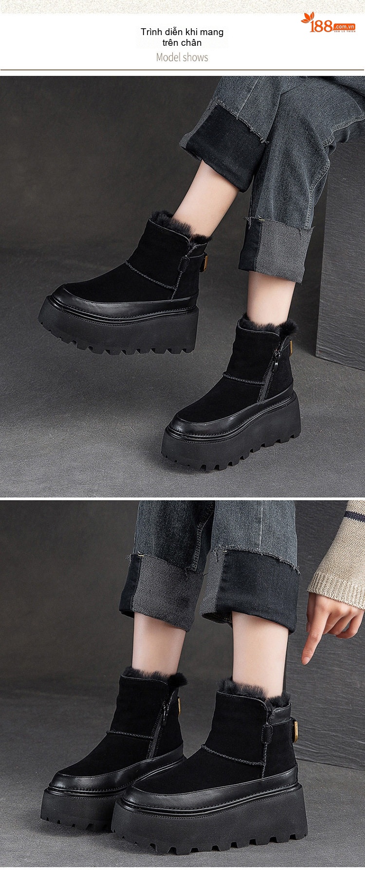 Boot Nữ Da Mờ Lót Lông Chiều Cao Đế Khoảng 6cm Khóa Kéo Bên Hông Màu Đen, Nâu chi tiết 8