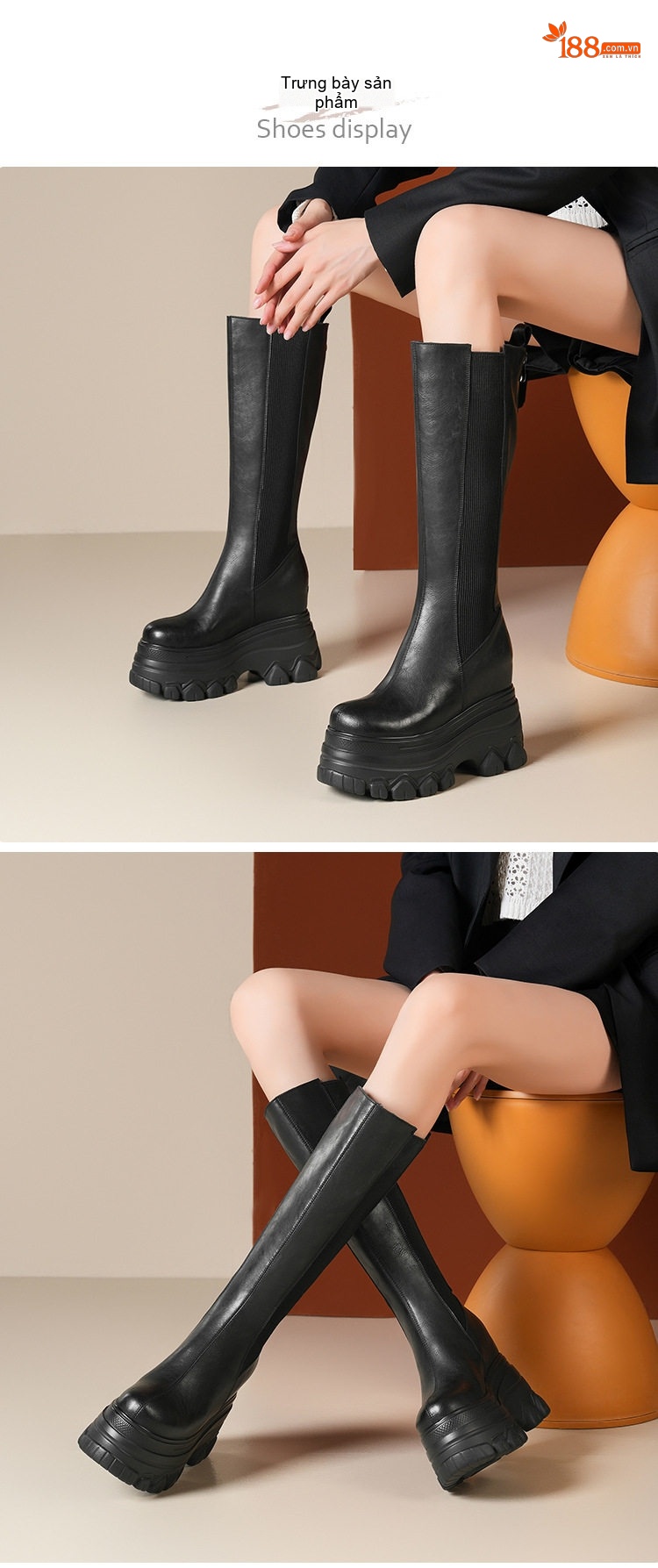 Boot Nữ Da Thật Cao Cổ Chiều Cao Đế Khoảng 12cm Màu Đen, Nâu chi tiết 1