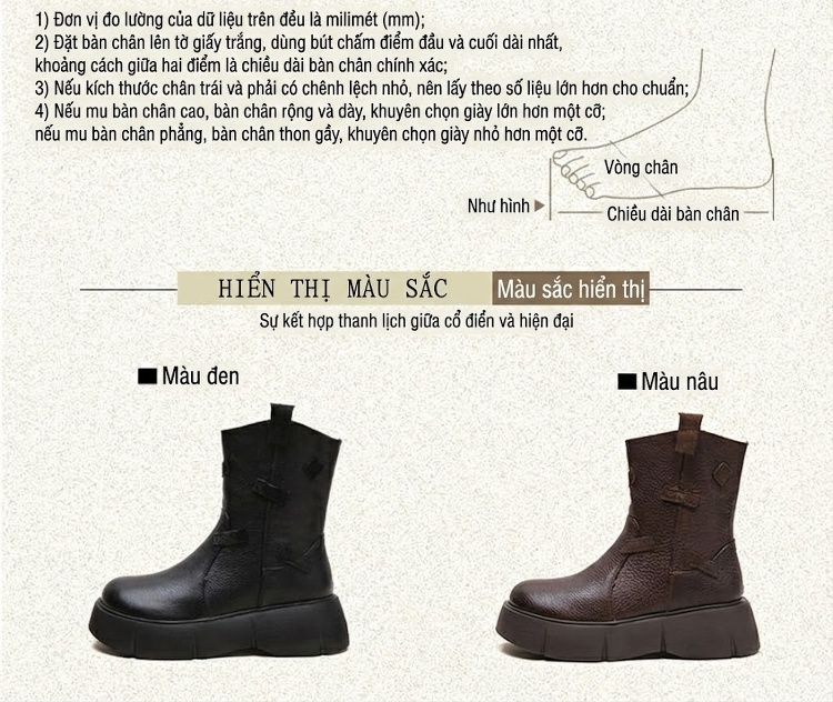 Boot Nữ Da Thật Cổ Lỡ Chiều Cao Đế Khoảng 5cm Phong Cách Anh Quốc Màu Đen, Nâu chi tiết 2