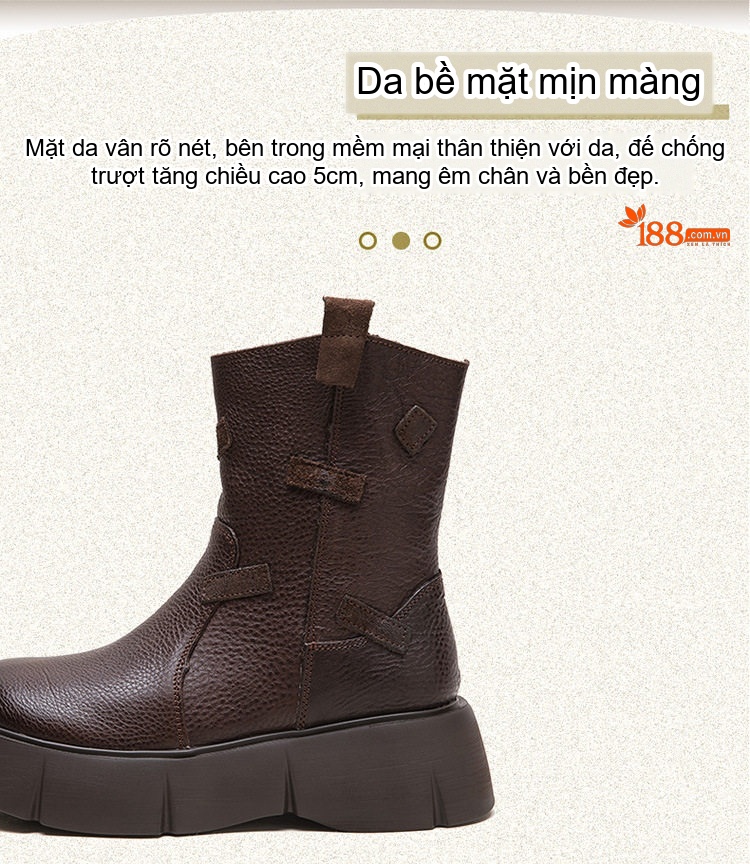 Boot Nữ Da Thật Cổ Lỡ Chiều Cao Đế Khoảng 5cm Phong Cách Anh Quốc Màu Đen, Nâu chi tiết 3