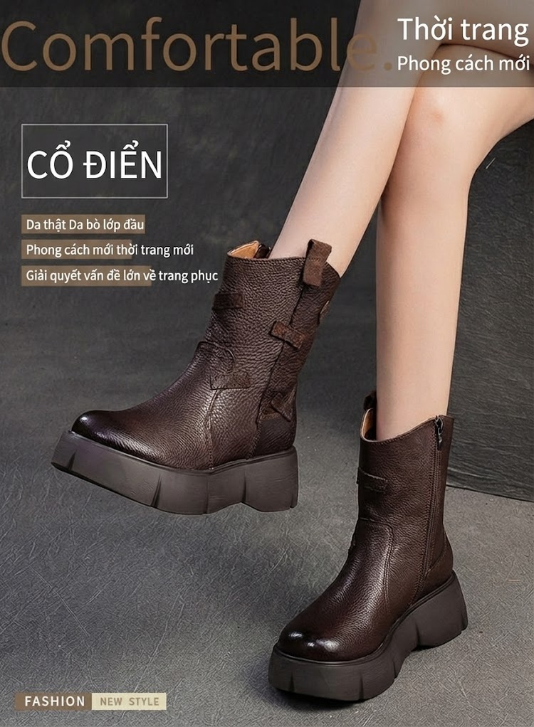 Boot Nữ Da Thật Cổ Lỡ Chiều Cao Đế Khoảng 5cm Phong Cách Anh Quốc Màu Đen, Nâu chi tiết 1