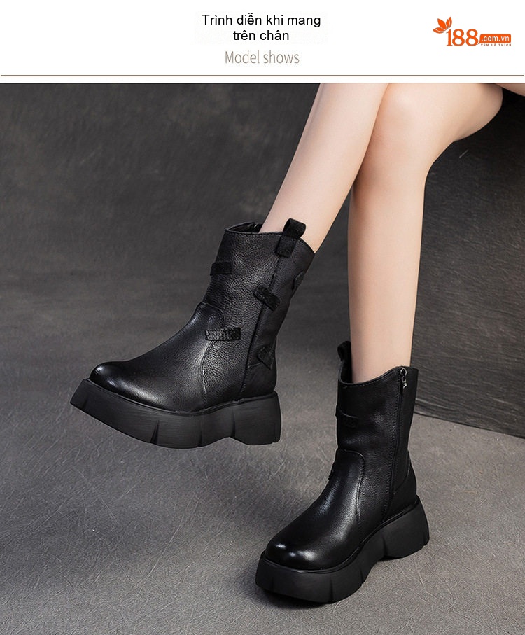 Boot Nữ Da Thật Cổ Lỡ Chiều Cao Đế Khoảng 5cm Phong Cách Anh Quốc Màu Đen, Nâu chi tiết 8