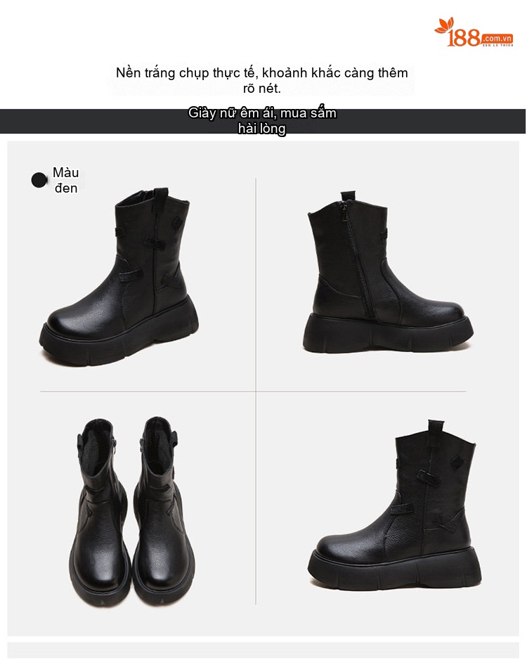 Boot Nữ Da Thật Cổ Lỡ Chiều Cao Đế Khoảng 5cm Phong Cách Anh Quốc Màu Đen, Nâu chi tiết 17