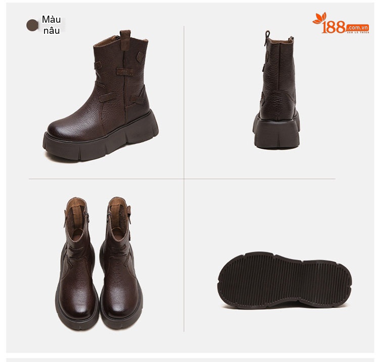 Boot Nữ Da Thật Cổ Lỡ Chiều Cao Đế Khoảng 5cm Phong Cách Anh Quốc Màu Đen, Nâu chi tiết 18