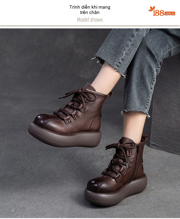 Boot Nữ Da Thật Cổ Lửng Đế Dày Chiều Cao Đế Khoảng 5cm Màu Đen, Nâu chi tiết 9