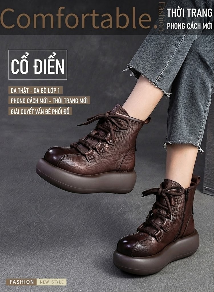 Boot Nữ Da Thật Cổ Lửng Đế Dày Chiều Cao Đế Khoảng 5cm Màu Đen, Nâu chi tiết 2