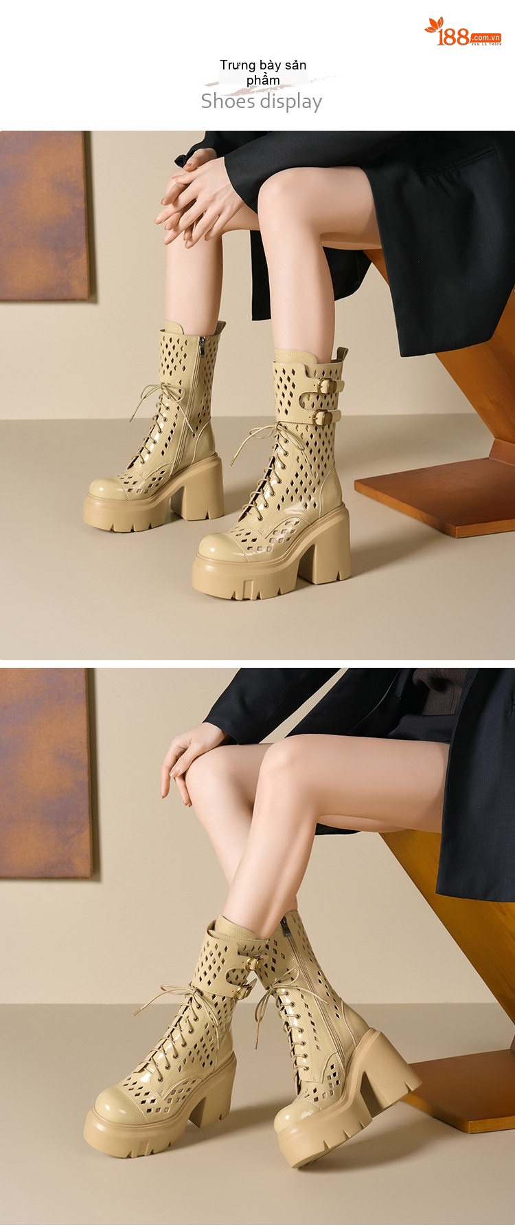 Boot Nữ Da Thật Cổ Lửng Gót Vuông Chiều Cao Đế Khoảng 8cm Màu Kem, Đen, Xanh Rêu, Trắng... chi tiết 2