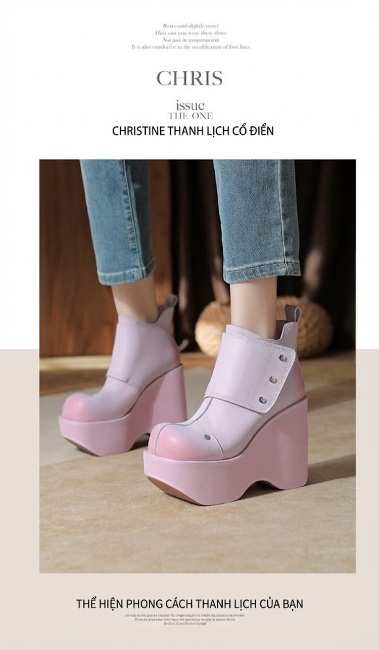 Boot Nữ Da Thật Cổ Ngắn Đế Xuồng Chiều Cao Đế Khoảng 12cm Màu Hồng, Đen, Nâu chi tiết 11