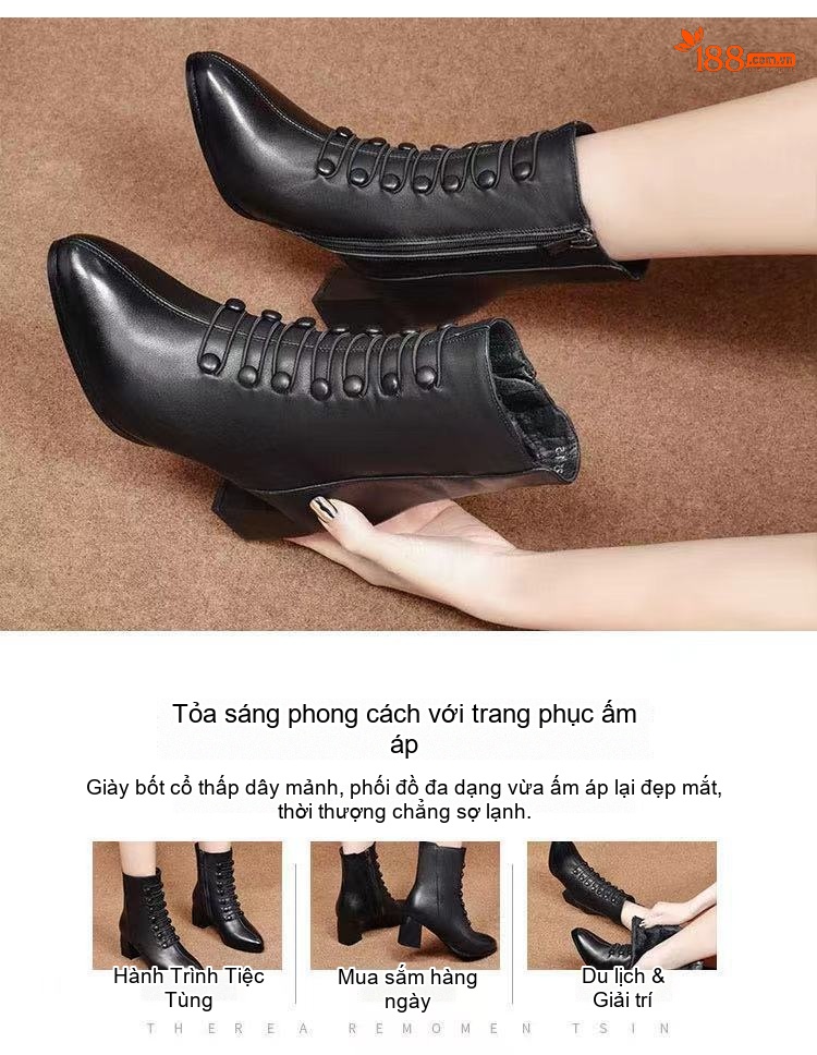 Boot Nữ Da Thật Cổ Ngắn Gót Vuông Chiều Cao Đế Khoảng 5cm Màu Đen chi tiết 10