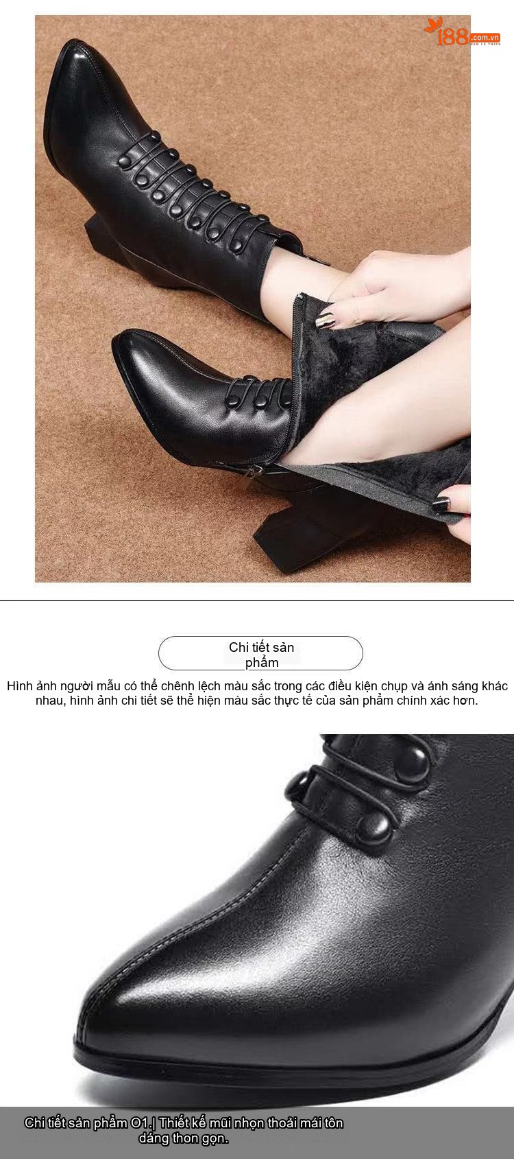Boot Nữ Da Thật Cổ Ngắn Gót Vuông Chiều Cao Đế Khoảng 5cm Màu Đen chi tiết 14